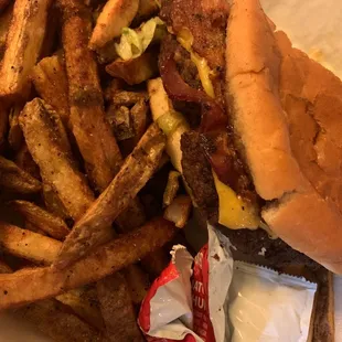 a hamburger and french fries