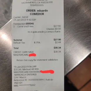 Receipt of order