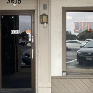 the entrance to a restaurant