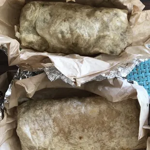 Large only meat - carne asada burrito (top) Large (everything in it - carne asada, rice, beans)