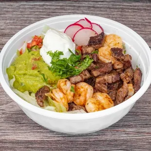 Los Jarochos Steak and Shrimp Burrito Bowl