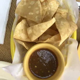 Homemade chips and warm salsa - yum!