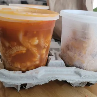 Menudo to-go with pata on the side.
