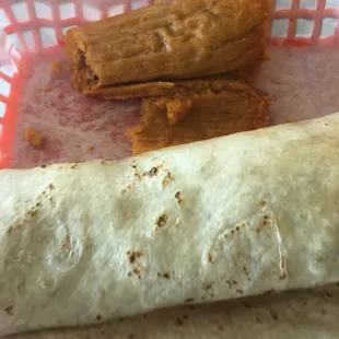 Beef tamale and Steak Ranchero burro.