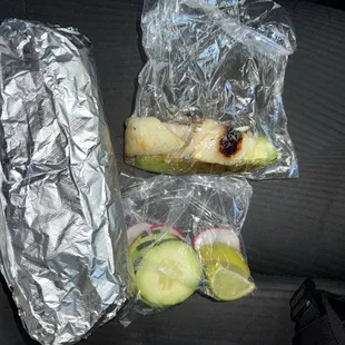 Reg Asada Burrito, grilled onions &amp; jalapeño, cucumber, radish &amp; lemon, $10!