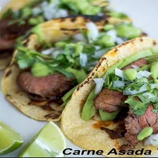 Carne asada tacos are delicious, steak tacos with a few simple ingredients and tons of flavor. Just add some avocado &amp; pico de gallo.