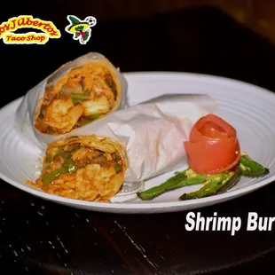 Shrimp Burrito: (Cooked with Grilled Onion, Bell Pepper), Special Homemade  Sauce (med spicy) and Rice &amp; inside. #shrimpburritolosjilbertos