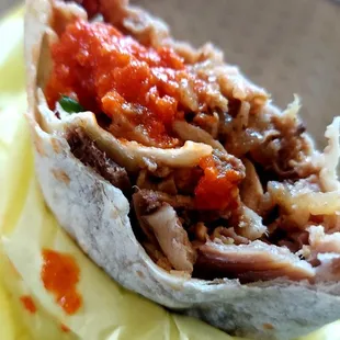 Surtido (carnitas, cuero, buche, riñon, corazon plus chicharron) burrito