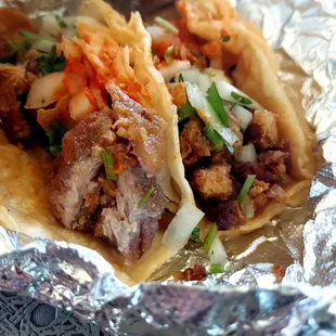 Carnitas and chicharron tacos