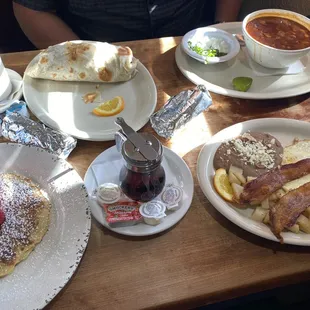 Menudo, pancakes,breakfast plate and breakfast burrito
