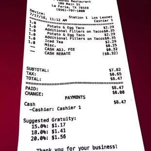 the receipt for the restaurant