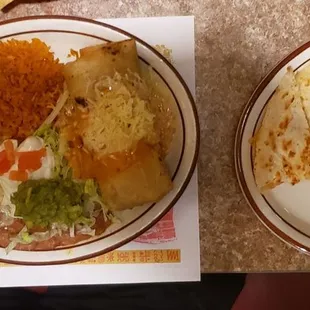 Chimichanga and chicken quesedilla.