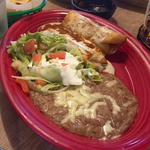 Beef chimichangas - good sauce, but beef was kind of tough and not well shredded. Refried beans were thin and had no flavor.