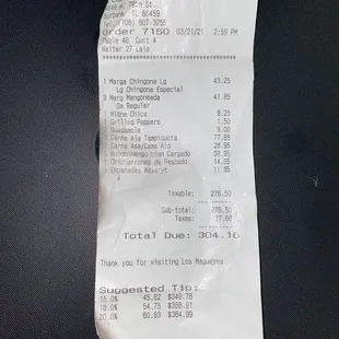 Dinner receipt for 6 people,Appetizers dinners and drinks etc