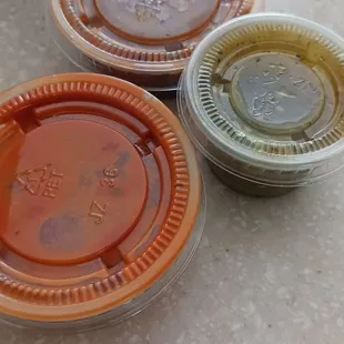 Three varieties of salsas. Rojas, which was a smoky Arbol type, salsa Verde, and a Habañero salsa. Good stuff.