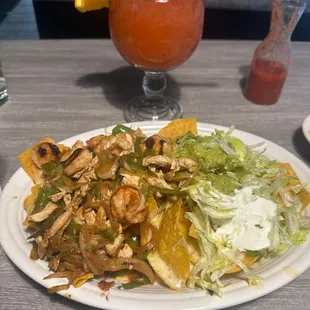 Chicken and Shrimp Fajita Nachos w/ A Top Shelf Strawberry Margarita