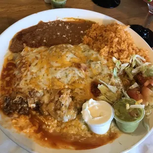 Enchiladas Trio.  Not sure if all red green and suiza sauces were present,