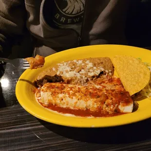 Beef burrito,  taco, beans