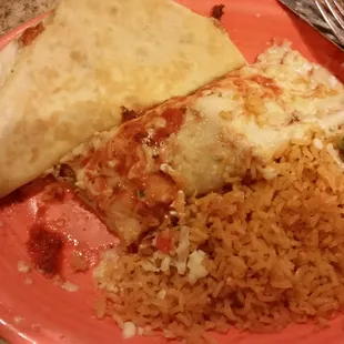 Combination Dinner 14:  chicken burrito, rice, and a quesadilla.