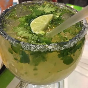 Margarita Loca! Margarita with muddled jalapeños and cilantro.  It's not on the menu but is SO GOOD!