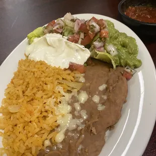 Rice and beans  with fajita toppings