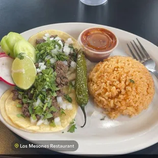 Two carne asada tacos with rice