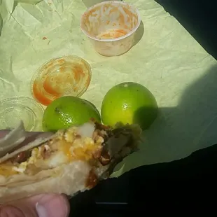 Bacon egg cheese and potatoe burrito! What's left of it!