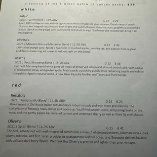 Curated Tasting Flight Menu.