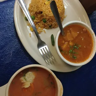 Fish soup, rice and charro beans accompany our Mar y Tierra botana.