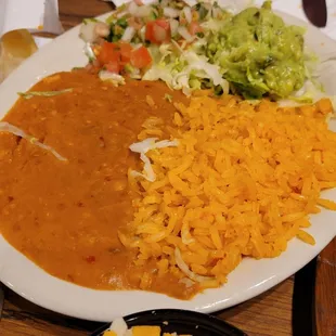 Beans, rice, Pico de Gallo, guacamole