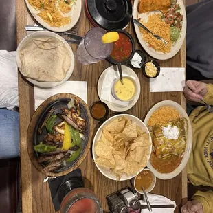 Birria tacos, chicken &amp; beef fajitas, chicken enchiladas verdes, sangria swirl, queso small