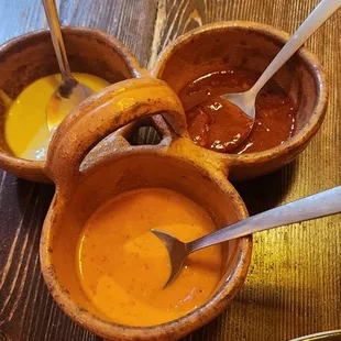 Three salsa assortment each was hott but in my opinion, the orange colored one is the hottest. Mixing red with green was best flavor.