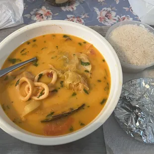 Sopa de mariscos // seafood soup   With white rice &amp; tortillas + lemon