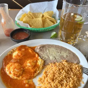 Huevos Rancheros, rice and beans.