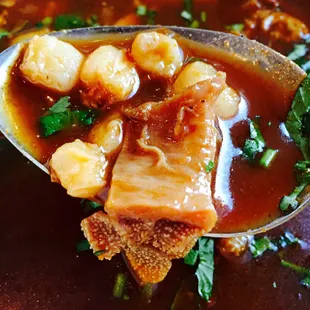 Closed up look of menudo soup.