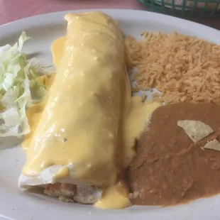 Grilled chicken burrito. Very bland tasting. It seems everything was taken out of a bag and microwaved. Canned beans?