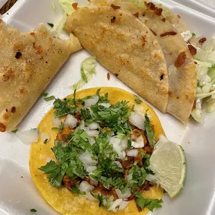 Al pastor taco and quesadillas