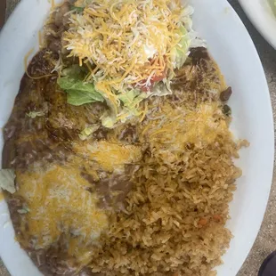 Sopa, With red cheese and onion enchilada rice and beans