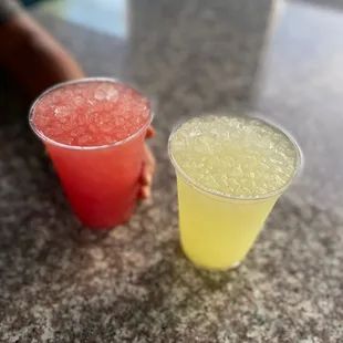 Our summer drinks! Fresh Agua de Sandia and our Cucumber Lime