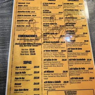 the menu for the restaurant