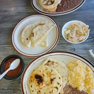 Pupusas, chicken and chicharones &amp; quesadillas