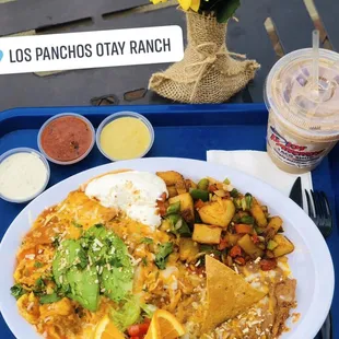 Chilaquiles paired with a iced cold brew from Ryan Bros