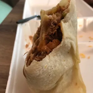 Inside of the Alambre burrito: Philly cheesesteak-style burrito