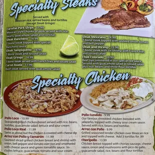 specialty steaks | specialty chicken
