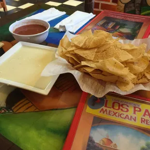 Chips with salsa &amp; cheese dip!