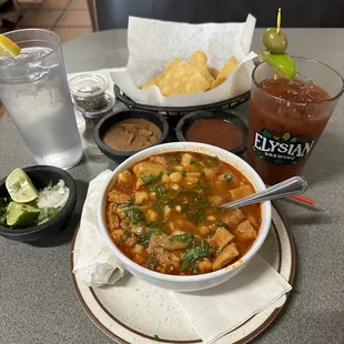 Menudo and the condiments.