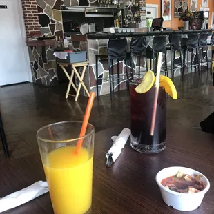 OJ for breakfast and he got the Jamica Loco  Which is Jamica juice, whiskey and vodka. 30 ounces of "party time"