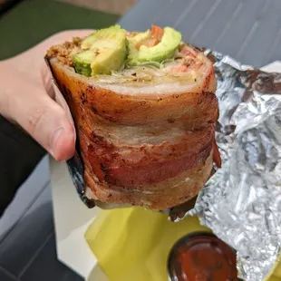 Pollo burrito wrapped in bacon