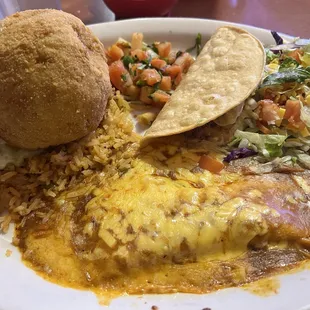 Fried beef avocado, beef taco and cheese enchilada