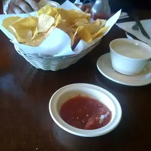Fresh chips, salsa, and cheese dip